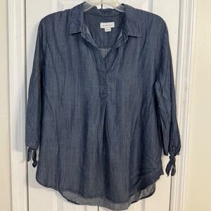 Liz Claiborne Chambray Tunic Top Tie Sleeve Casual‎ Blouse Shirt Size L